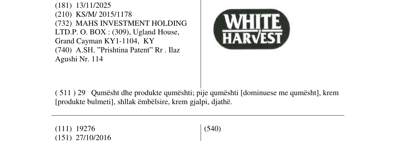 Zëri i markës WHITE HARVEST në buletin