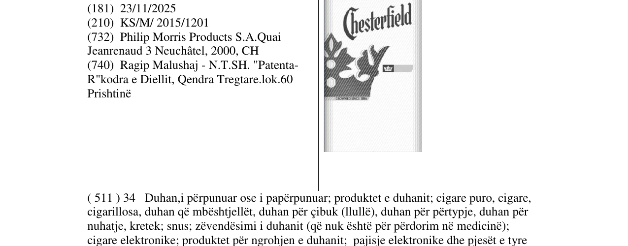 Zëri i markës Chesterfield në buletin