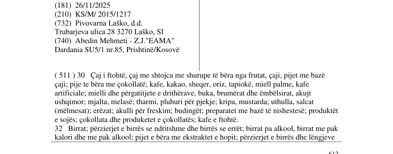 Zëri i markës PIVOVARNA LAŠKO UNION në buletin