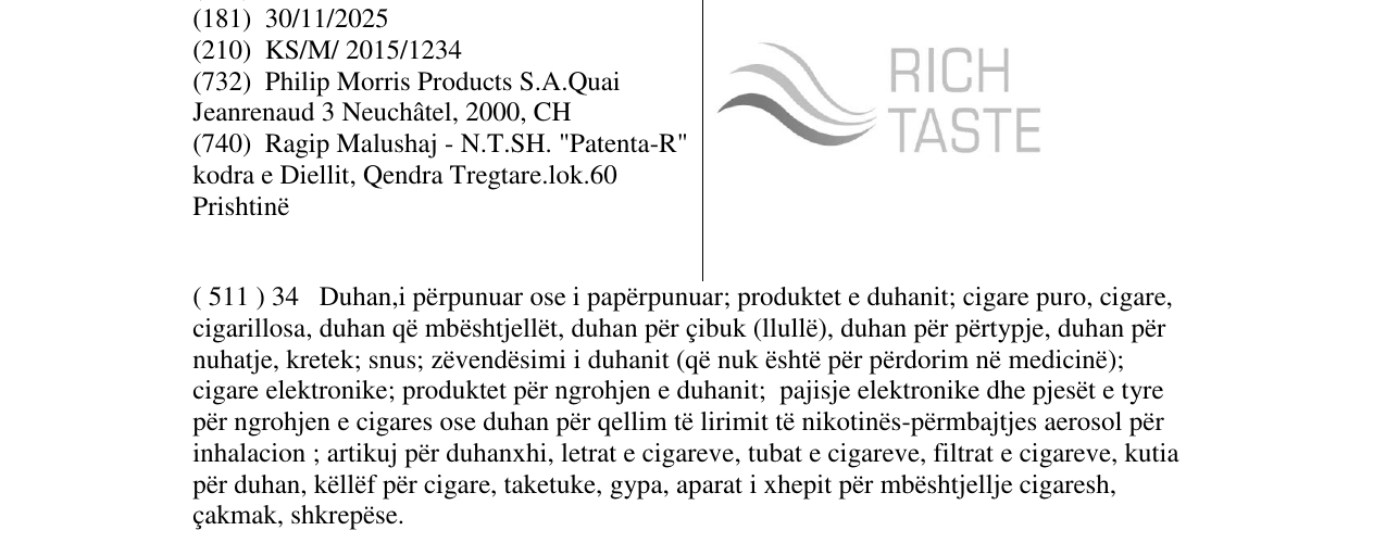 Zëri i markës RICH TASTE në buletin