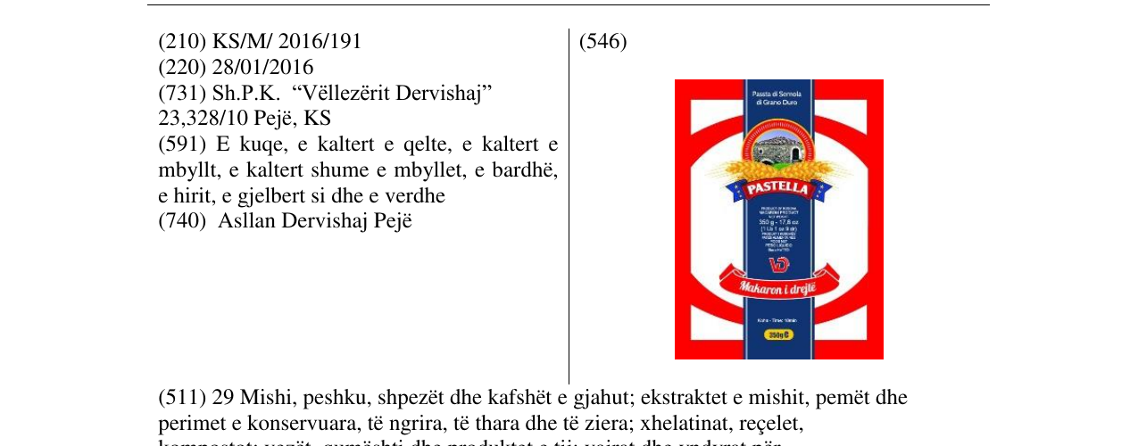 Zëri i markës PASTELLA në buletin