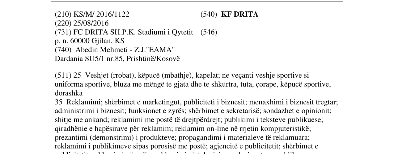 Zëri i markës KF DRITA në buletin