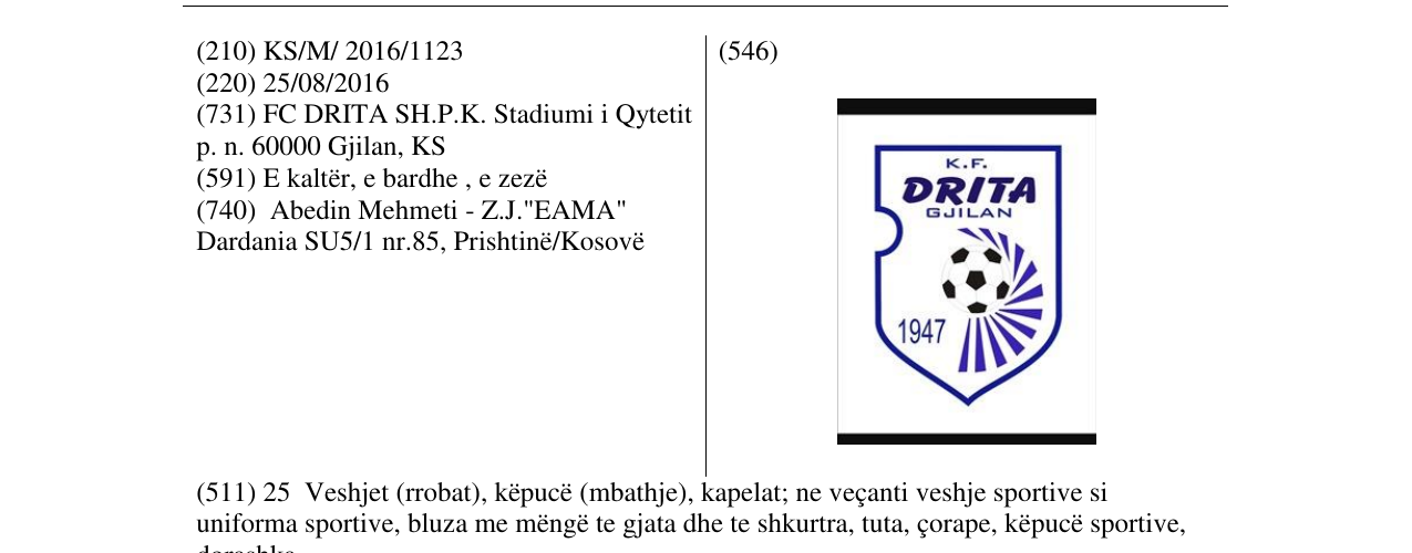 Zëri i markës K.F. DRITA GJILAN 1947 në buletin