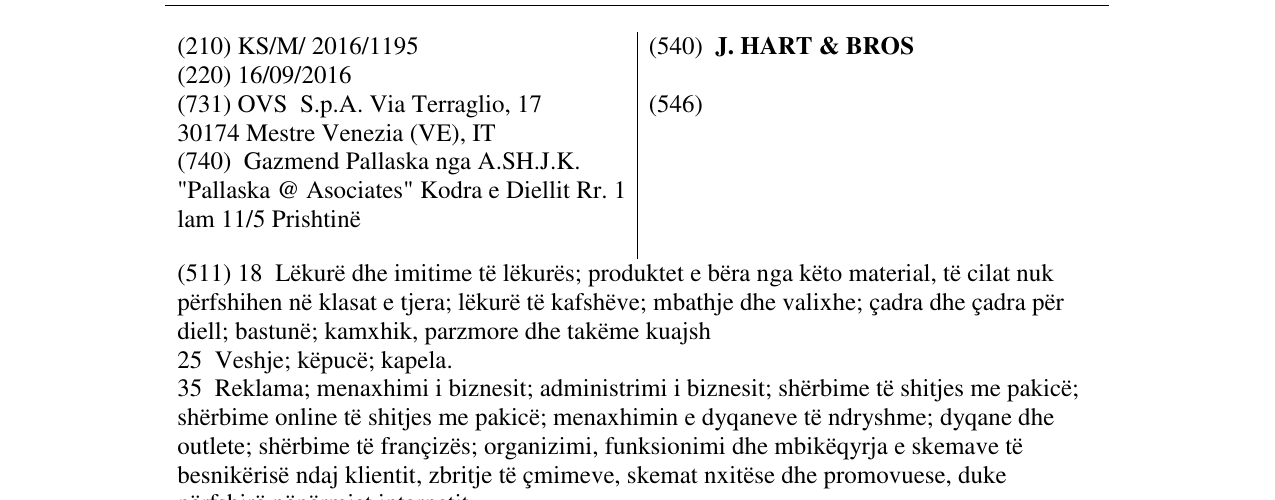 Zëri i markës J. HART & BROS në buletin