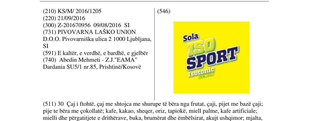Zëri i markës Sola ISO SPORT në buletin