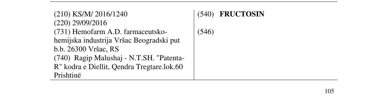 Zëri i markës FRUCTOSIN në buletin