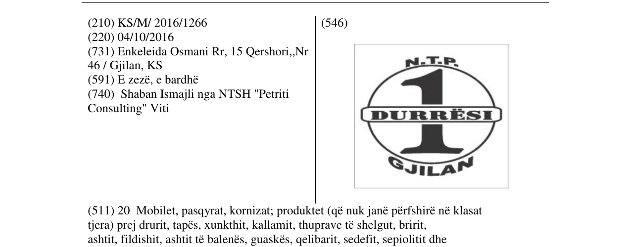 Zëri i markës N.T.P. DURRËSI 1 GJILAN në buletin
