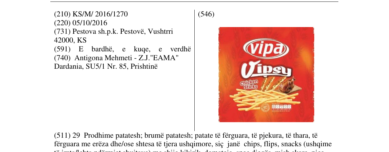 Zëri i markës vipa Vipsy Chicken Sticks në buletin