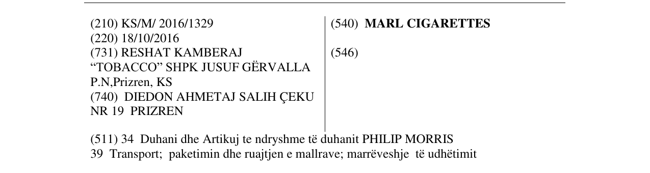 Zëri i markës MARL CIGARETTES në buletin