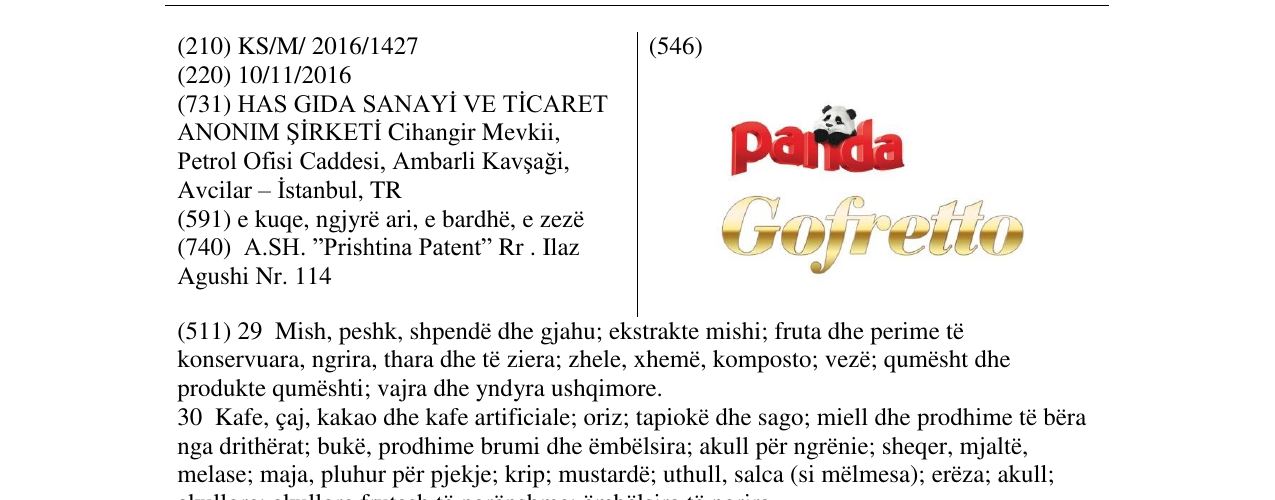 Zëri i markës Panda Gofretto në buletin
