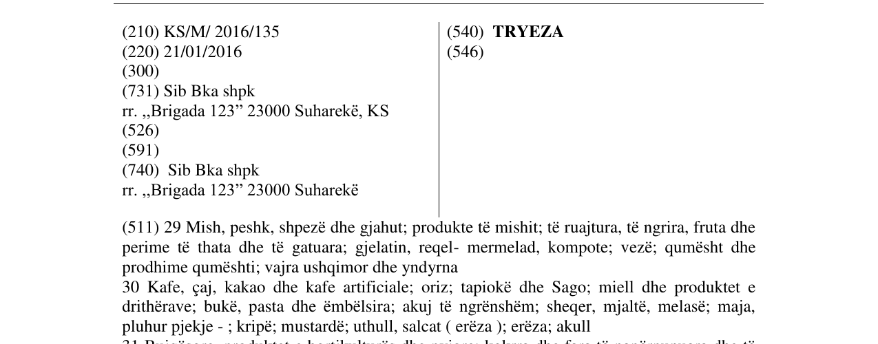 Zëri i markës TRYEZA në buletin