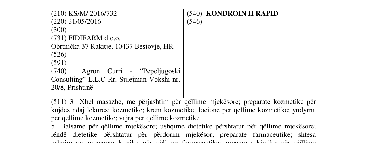 Zëri i markës KONDROIN H RAPID në buletin