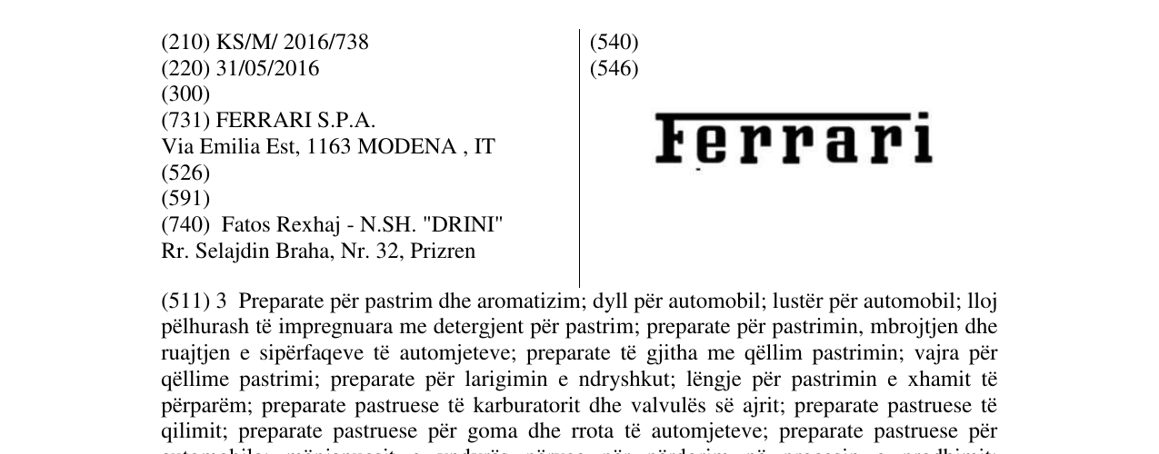Zëri i markës Ferrari në buletin