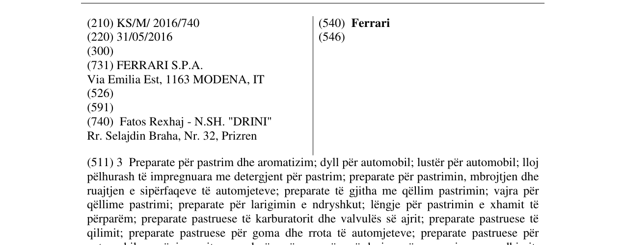 Zëri i markës Ferrari në buletin