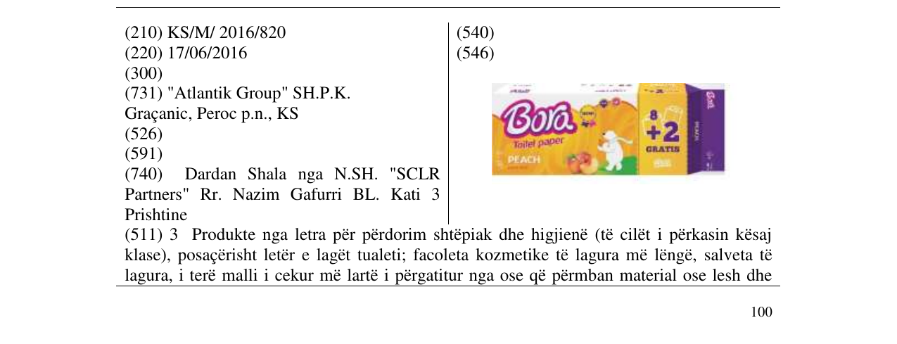 Zëri i markës Bora Toilet paper PEACH në buletin