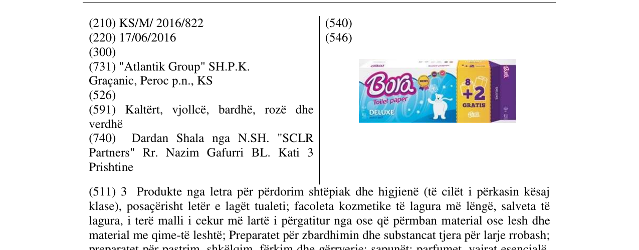 Zëri i markës BORA Toliet paper DELUXE në buletin