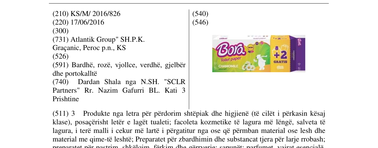 Zëri i markës Bora Toilet paper CHAMOMILE në buletin
