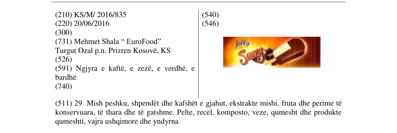 Zëri i markës Jaffa suuny në buletin