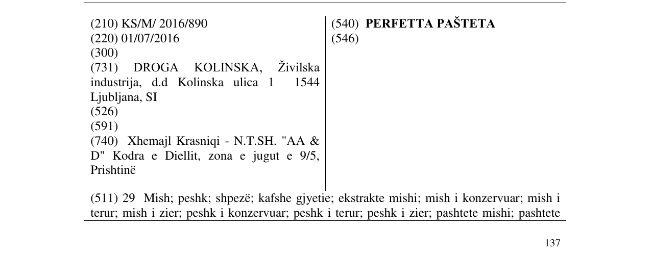 Zëri i markës PERFETTA PAŠTETA në buletin