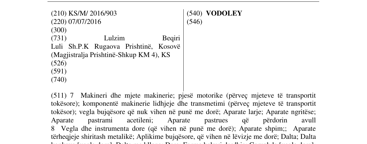 Zëri i markës VODOLEY në buletin