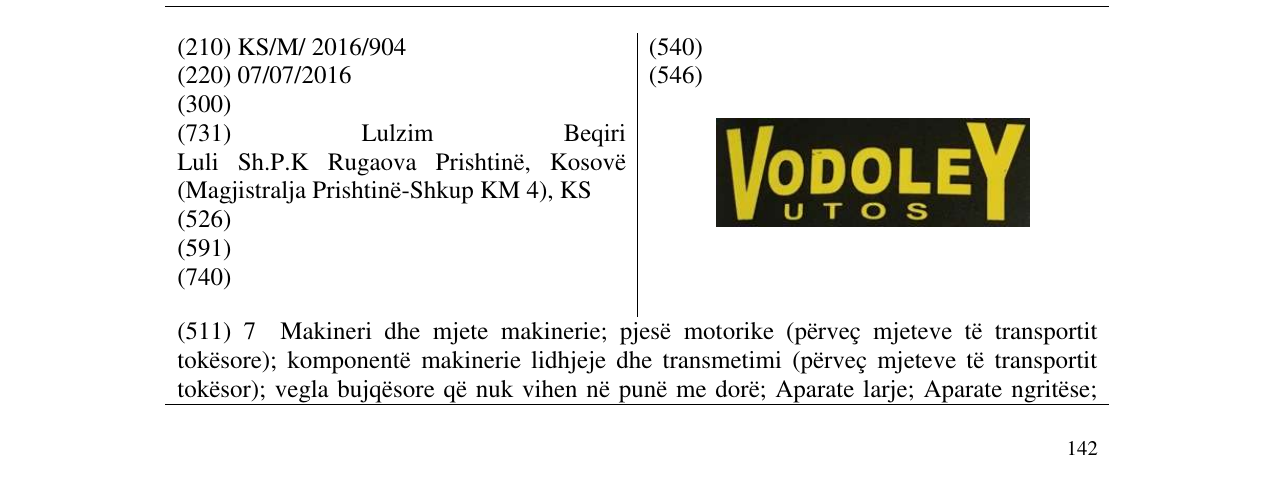 Zëri i markës VODOLEY UTOS në buletin