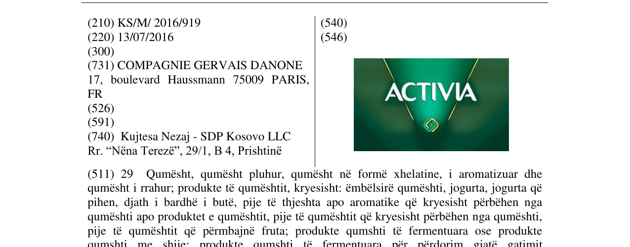 Zëri i markës ACTIVIA në buletin
