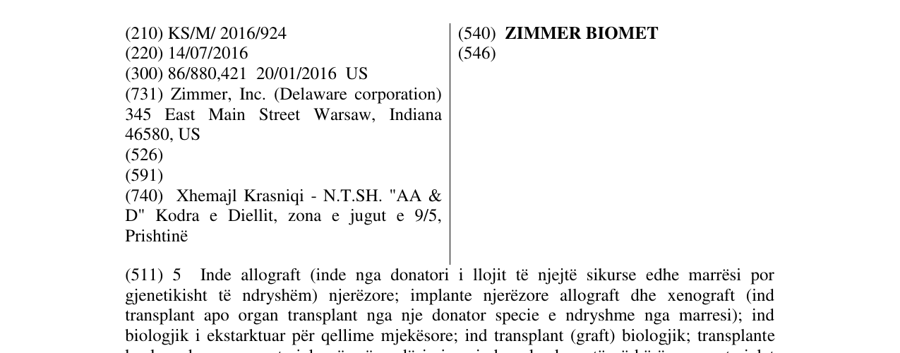 Zëri i markës ZIMMER BIOMET në buletin