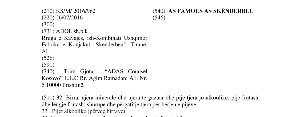 Zëri i markës AS FAMOUS AS SKËNDERBEU në buletin