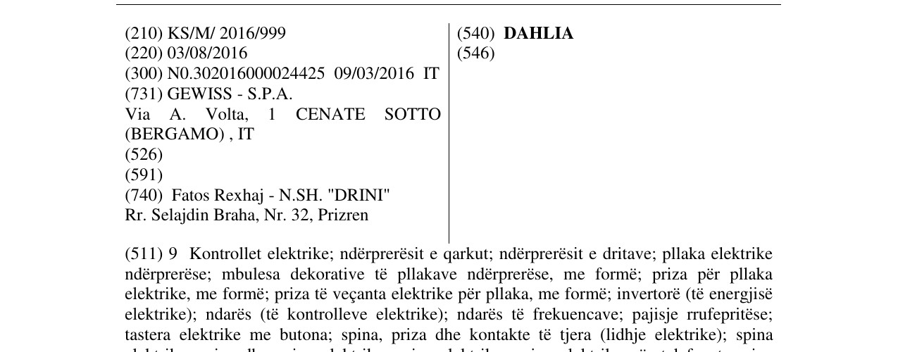 Zëri i markës DAHLIA në buletin