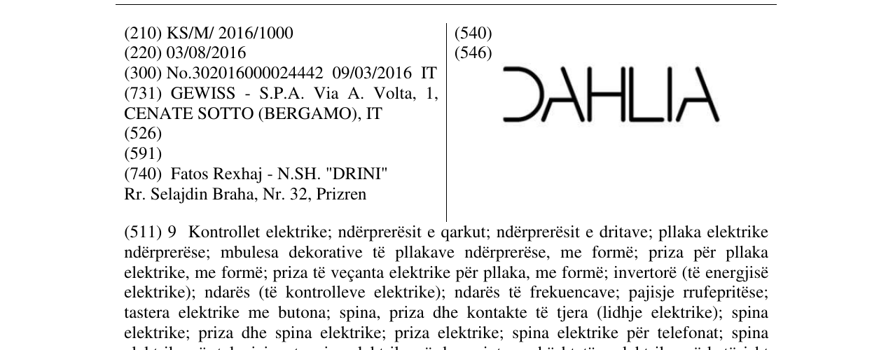 Zëri i markës DAHLIA në buletin