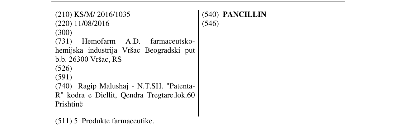 Zëri i markës PANCILLIN në buletin