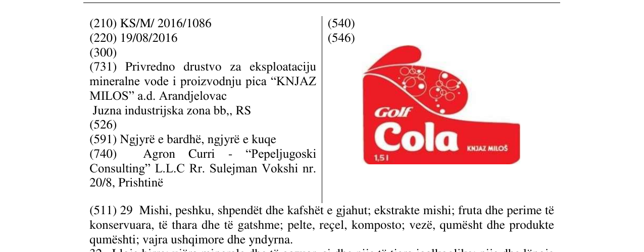 Zëri i markës Golf Cola në buletin