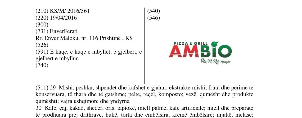 Zëri i markës pizza & Grill AMBIO në buletin