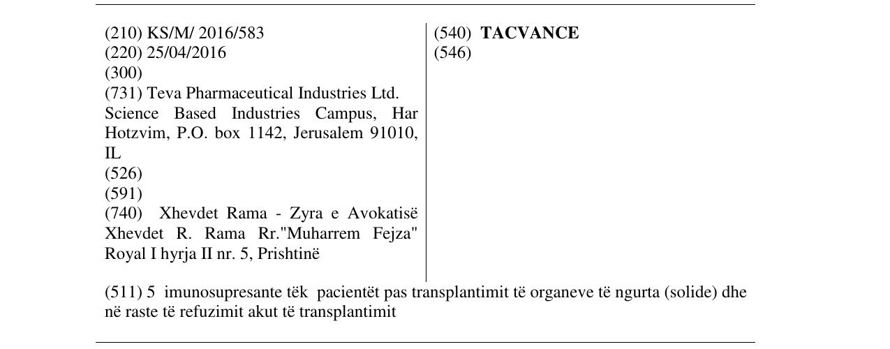 Zëri i markës TACVANCE në buletin