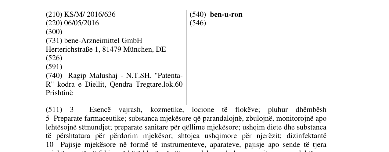 The entry of the trademark ben-u-ron in the bulletin