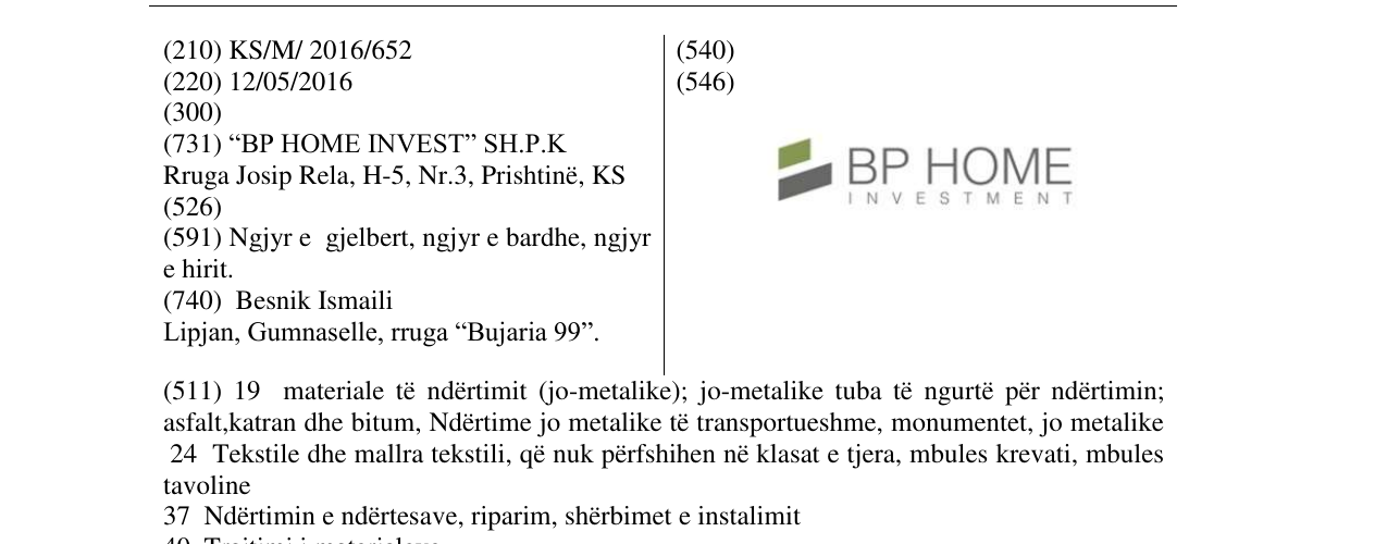 Zëri i markës BP HOME INVESTMENT në buletin