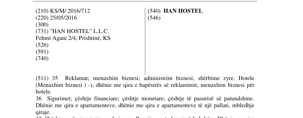 Zëri i markës HAN HOSTEL në buletin