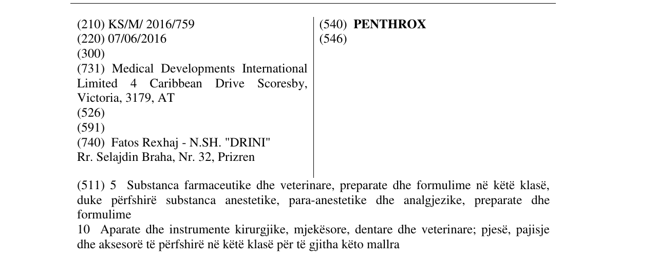 Zëri i markës PENTHROX në buletin