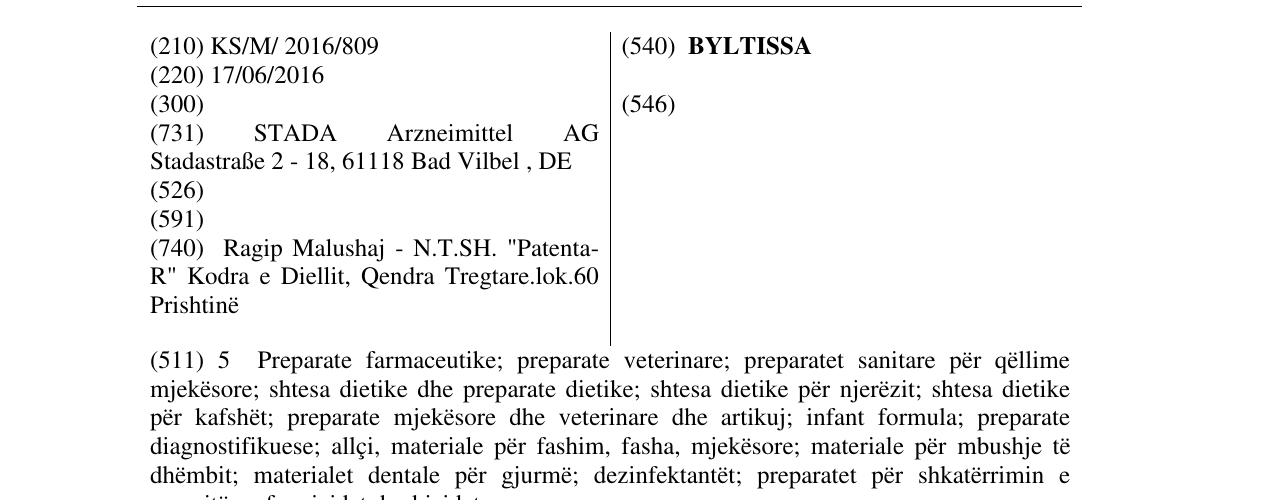 Zëri i markës BYLTISSA në buletin