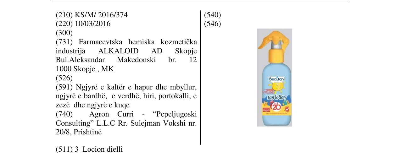 Zëri i markës Becutan sun lotion 20 në buletin