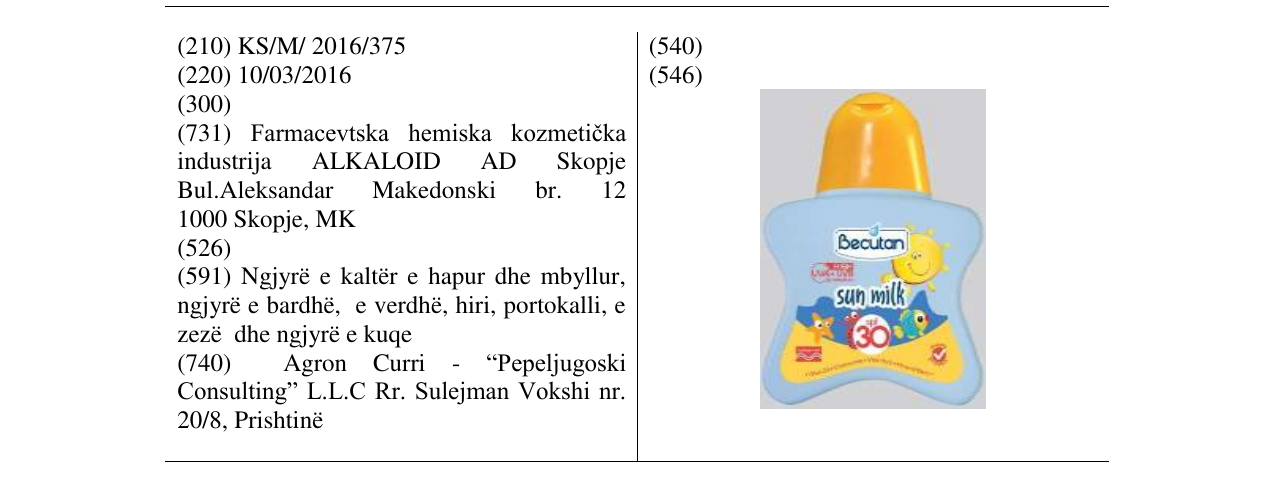 Zëri i markës Becutan sun milk 30 në buletin