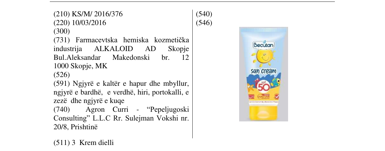 Zëri i markës Becutan sun cream në buletin
