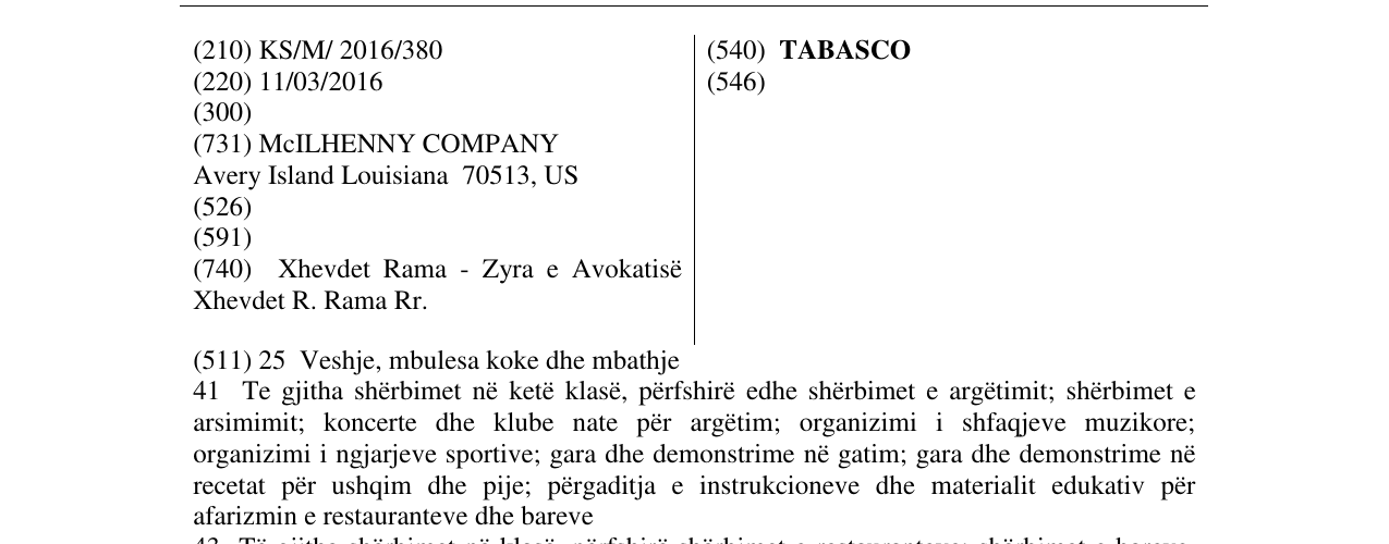 Zëri i markës TABASCO në buletin