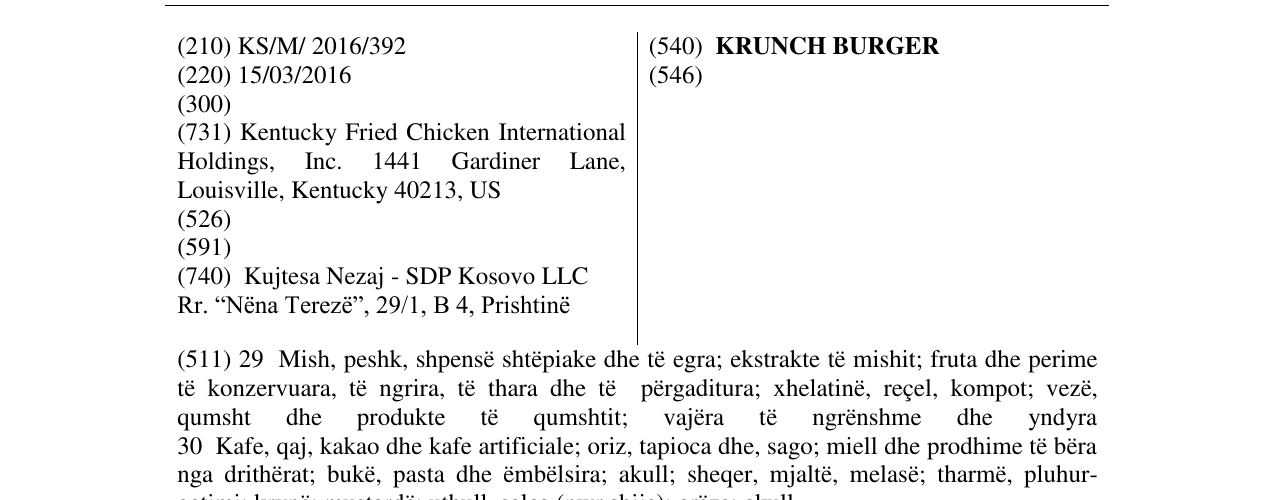 Zëri i markës KRUNCH BURGER në buletin
