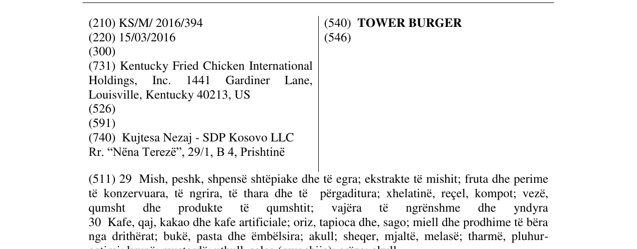 Zëri i markës TOWER BURGER në buletin