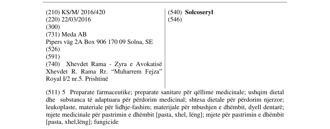 Zëri i markës Solcoseryl në buletin