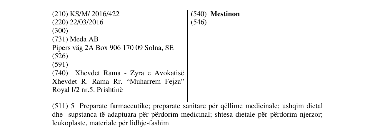 Zëri i markës Mestinon në buletin