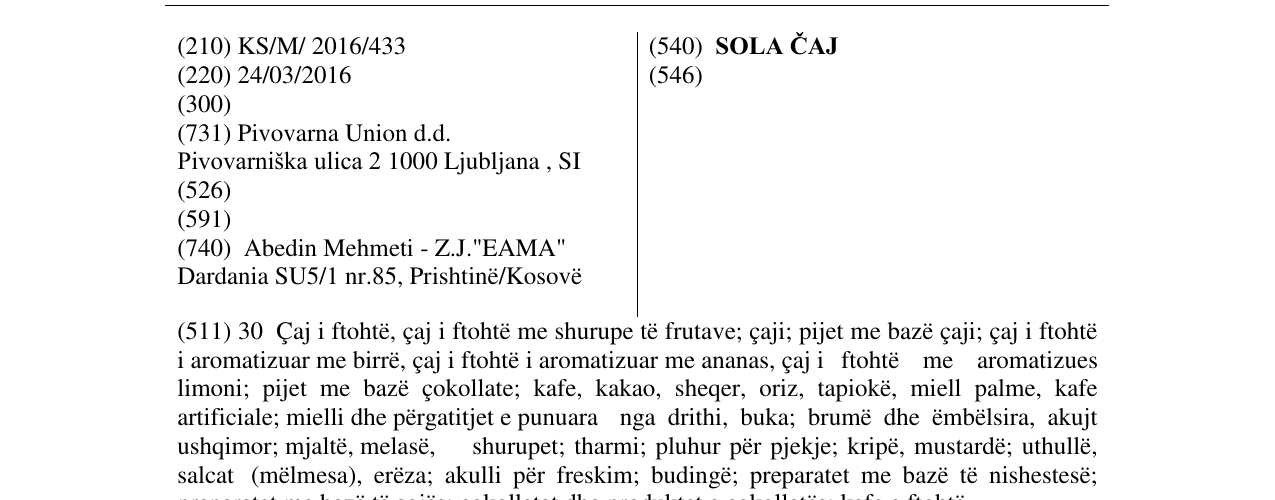 Zëri i markës SOLA ČAJ në buletin