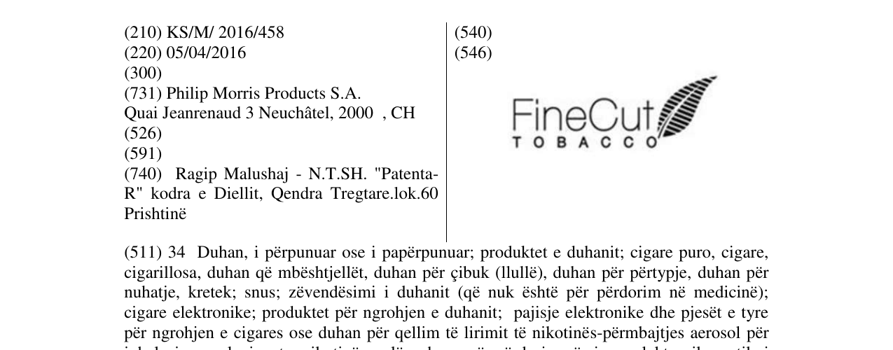 Zëri i markës FineCut TOBACCO në buletin