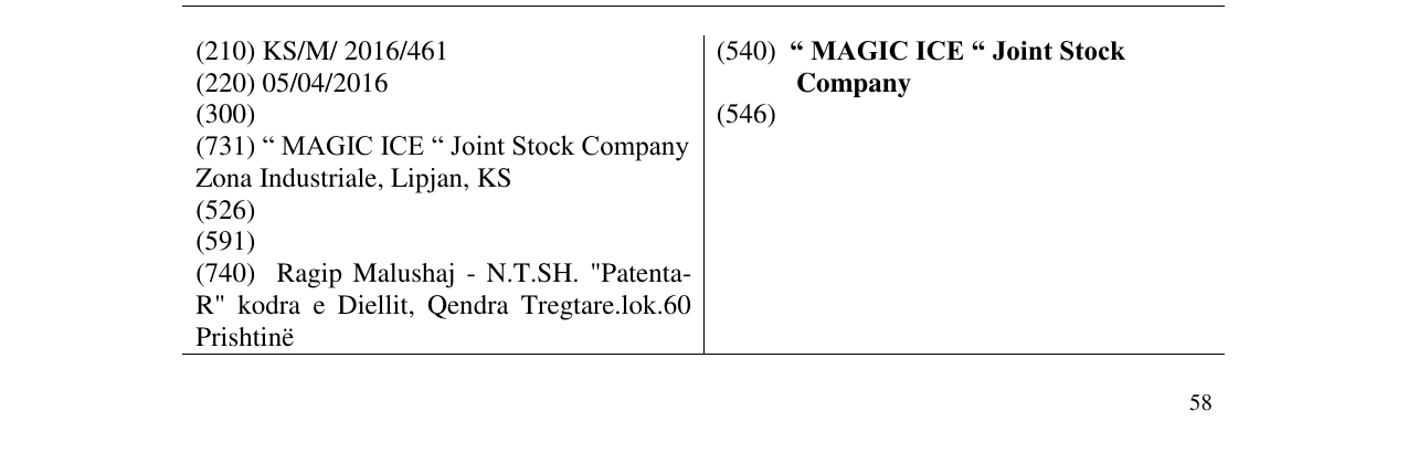 Zëri i markës “ MAGIC ICE “ Joint Stock Company në buletin
